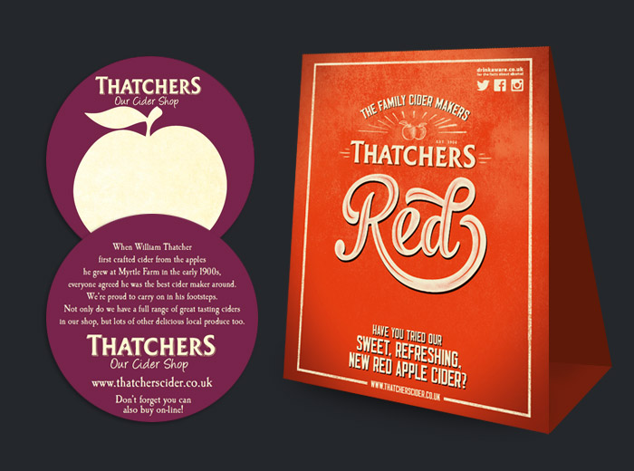 Bespoke tent card for Thatchers Cider Shop in Somerset